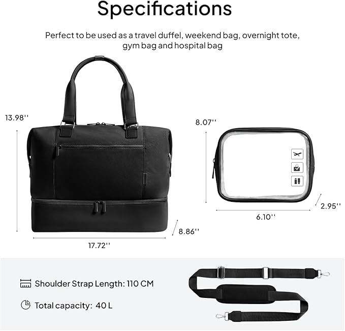 Travel Duffle Bag for Women,40L Weekender Bags Airline Approved Carry On with Shoe Compartment & Waterproof Wet Pocket, Durable Nylon Weekender Overnight Bag for Travel, Gym, Business Trip, Black