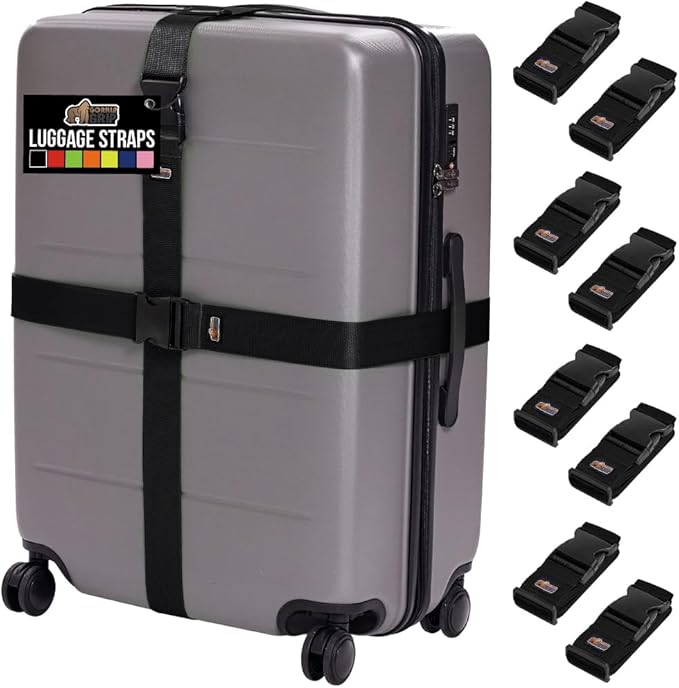GORILLA GRIP Heavy Duty 8 Pack Adjustable Luggage Straps for Suitcases, Easy to Identify Travel Belt Connector Holds Suitcase Together, Extends Life of Bag, Strap Connects Two Bags, Accessories, Black