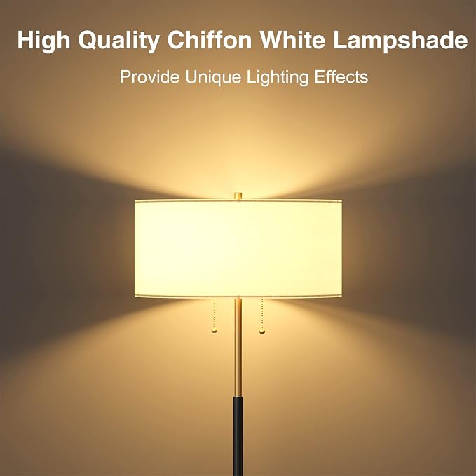 2-Light 3 Color Temperature Mid Century Floor Lamp for Living Room | 61" Black&Gold Tall Standing Lamp for Bedroom and Office with White Fabric Lampshade, 3000K/4500K/6500K 9W Bulb Included