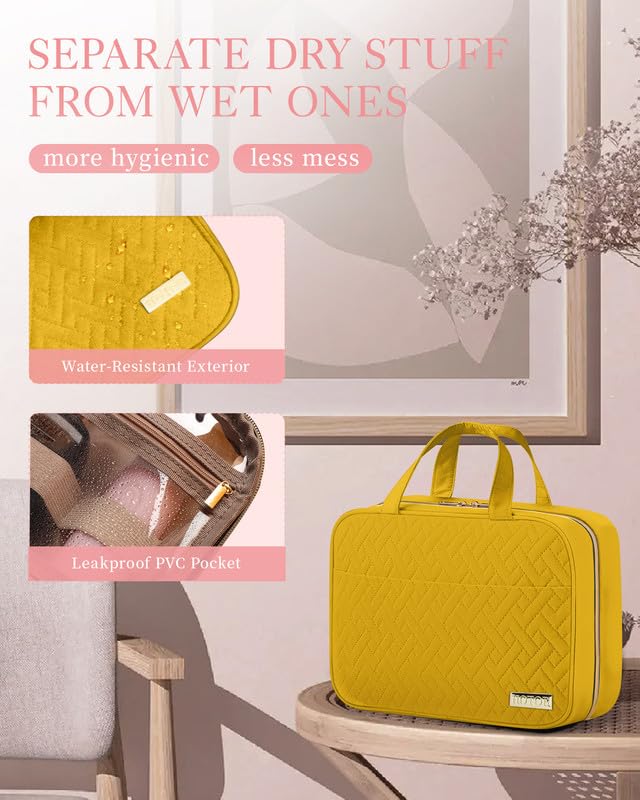 HOTOR Travel Toiletry Bag - Hanging Toiletry Bag for Women & Men, Makeup Bag/Big Comparment, Waterproof for Travel Accessories, Travel Essentials, Medium, Yellow