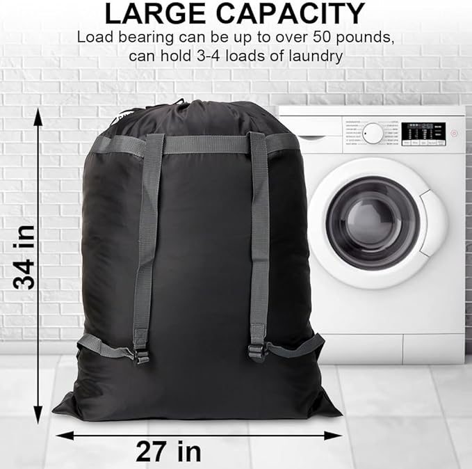 Laundry Bag Backpack, 27” x 34”Sturdy Laundry Bag with Shoulder Straps Drawstring Closure Heavy Duty Foldable Laundry Backpack for College, Travel, Laundromat, Apartment (black)