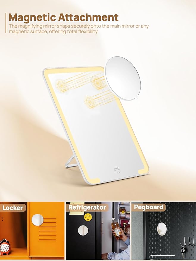 OMIRO Lighted Makeup Mirror with 10X Magnifying Mirror, 10 x 7 inches Desk Mirror with Adjustable Stand and 3 Lighting Modes for Shaving and Travelling, White