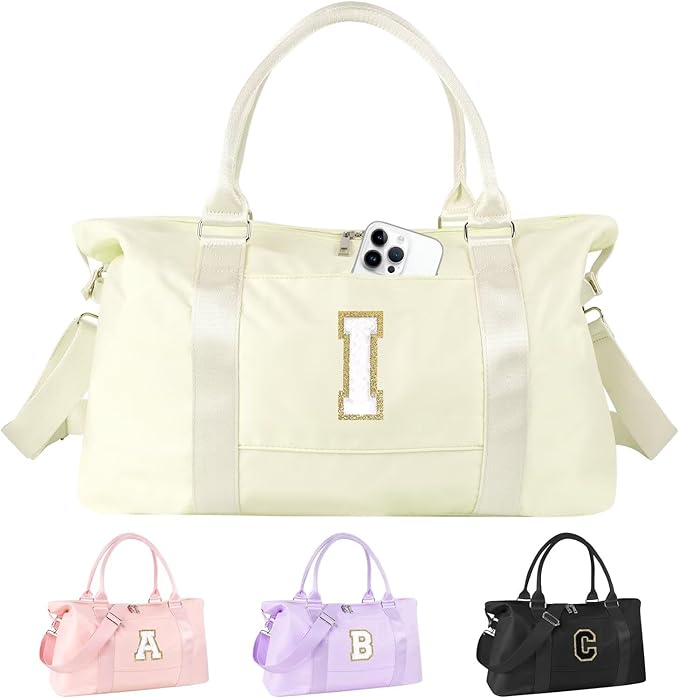 Dance Gym Duffel Bag for Teen Girls, Personalized Initial Travel Weekender Bag,Cute Overnight Carry On Duffle for Women,Sports Travel Cheer Bag,Monogram Christmas Gifts for Tween Preppy(beige-I)