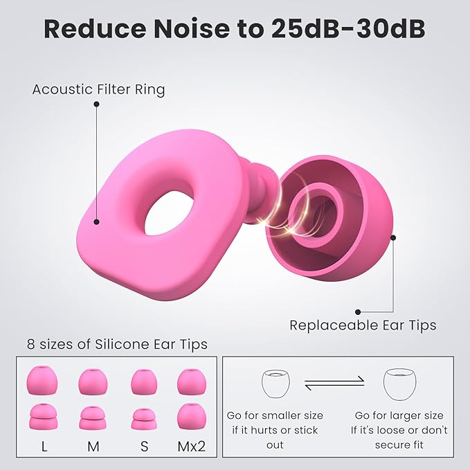 2 Pairs of Earplugs for Sleeping,Reusable Hearing Protection Ear Plugs with 8 Pairs Ear Tips & One Connector Cord,Soft Earplugs for Noise Reduction,Concert,Musician & Work - 25dB-30dB