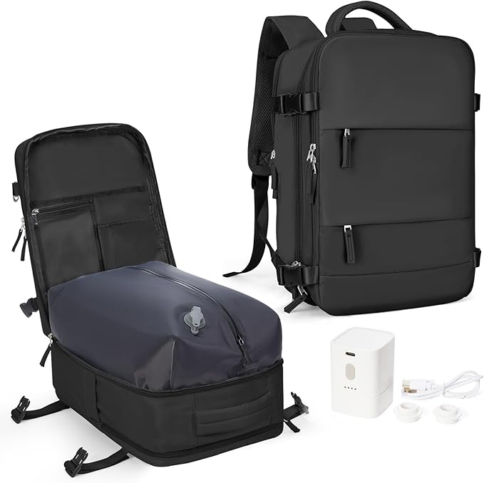 coowoz Vacuum Backpack Travel with Pump,Travel Backpack with Vacuum System For Women Men,Carry On Backpack,Hiking Backpack Waterproof Outdoor Sports Rucksack Casual Daypack,30L(Vacuum pump),Black