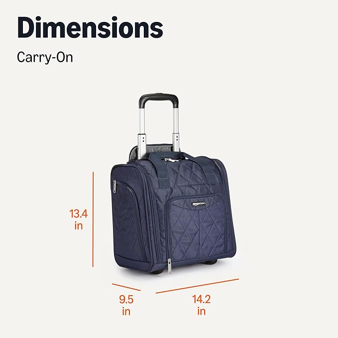 Amazon Basics Underseat Carry-On Luggage with Wheels, 14" Rolling Travel Bag, Fits Under the Seat with Multiple Pockets and Compartments, Navy Quilted