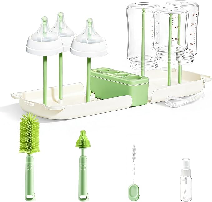 Travel Baby Bottle Cleaner Kit，7-in-1 Baby Bottle Brush Set for Travel and Home, All-in-One Baby Bottle Washing Kit: Integrated Cleaning & Drying System for Bottles and Breast Pump Parts (Green)
