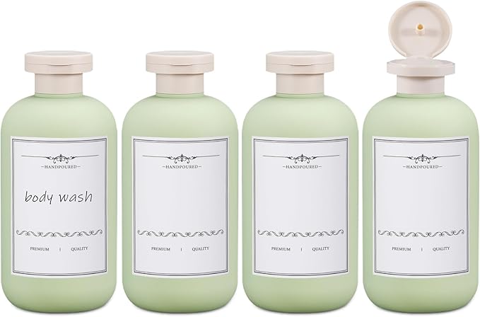 ASEVAT 10oz 4Pcs Green Plastic Refillable Travel Shampoo and Conditioner Bottles Plastic Refillable Travel Shampoo Bottles with Flip Cap Shampoo and Conditioner Dispenser