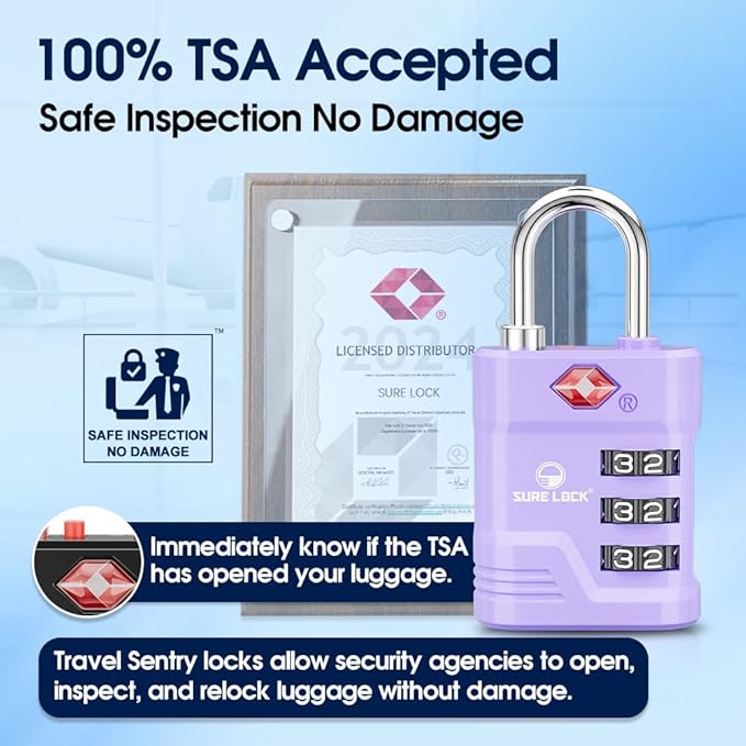 SURE LOCK TSA Approved Luggage Lock – 3-Digit Resettable Combination Padlock with Open Alert Red Dot, Large Easy-Read Dials for Suitcases, Backpacks, Gym & School Lockers(Purple 2 pk)