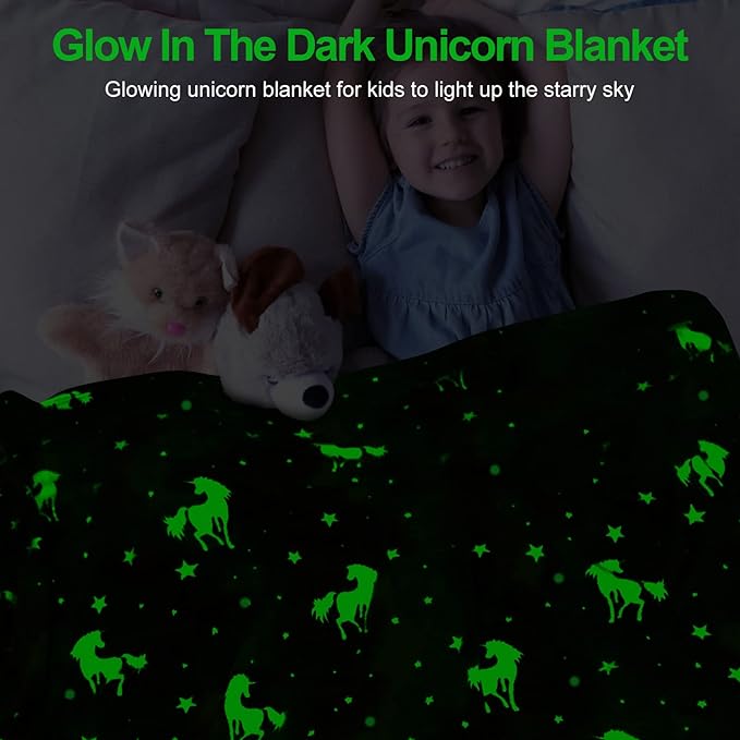 TEHALK Unicorn Glow in The Dark Blanket, Unicorn Blanket for Girls/Kids, Unicorns Gifts for Girls Age 3-12, Toddler Blanket for Kids, Soft Fleece Blanket Throw Birthday Gift 40"x60" (Pack of 2)