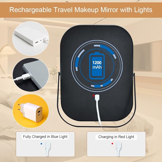 YEKKOPT Travel Mirror with Lights, Small LED Makeup Mirror with Lights,Portable Desk Mirror 1200mAh Battery,3 Color Modes,Dimmable Touch Screen, Tabletop Folding Compact Mirror,Women Gift