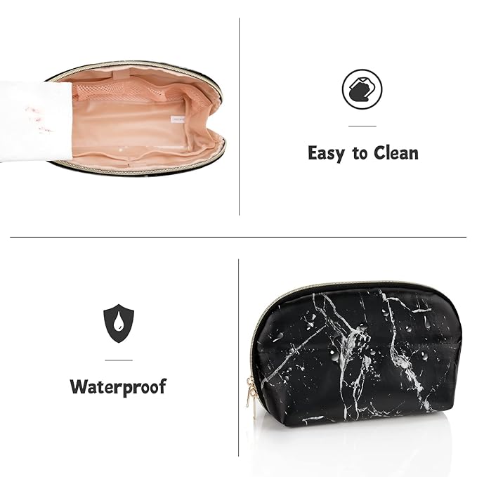 Ethereal Large Cosmetic Bag, Marble Black Travel Makeup Bag Waterproof Makeup Organizer Bag Portable Makeup Bag Purse Small Toiletry Bag for Women