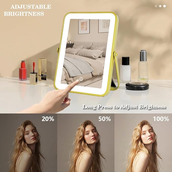YEKKOPT Gold Rechargeable Makeup Mirror with Lights, LED Vanity Mirror, 3 Color Modes, Portable Desktop Mirror, Adjustable Brightness, Ideal for Dorm and Home Use