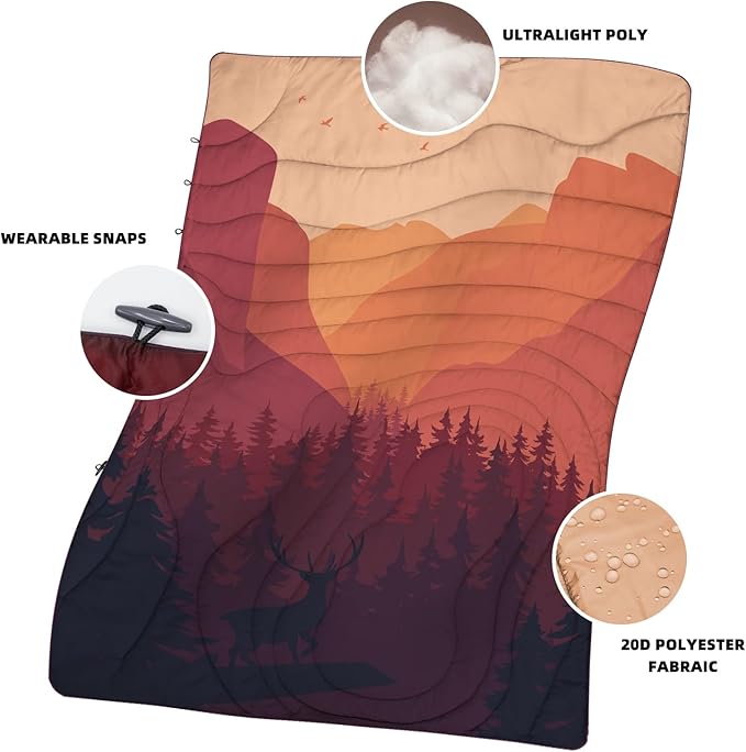 Camping Blanket Puffy - Outdoor Stadium Blanket Wearable, Lightweight, Packable, Machine Washable Camping Quilt for Traveling, Picnic, Beach, Party 78"x 56" (Sunset Mountain Scenery)