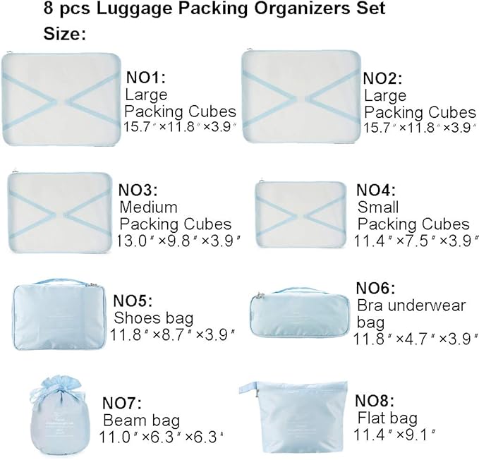 Travel Packing Cubes 8 Pcs Set, Luggage Packing Organizers with Shoe Bag and Toiletry Bag