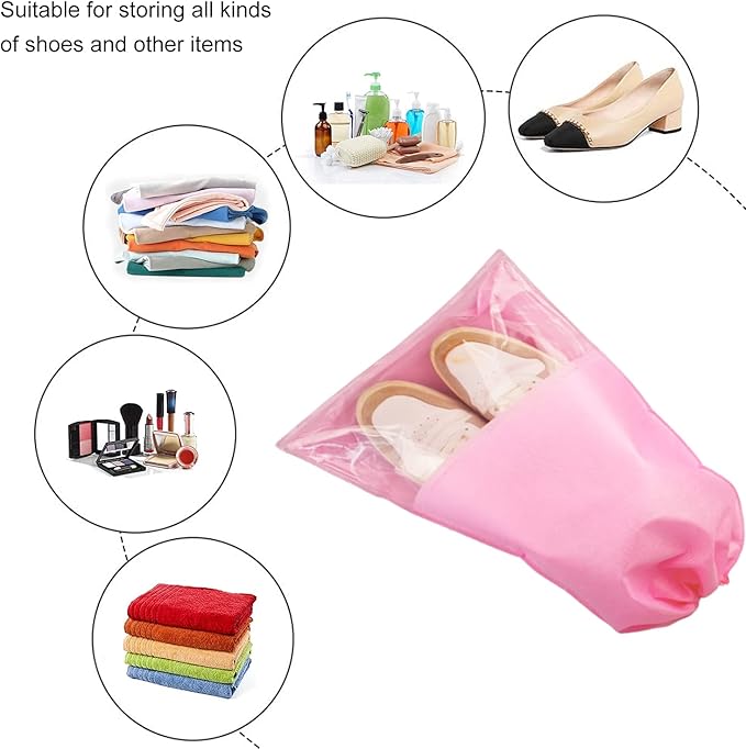 6 Pcs Travel Shoe Bags, ULIFEMALL Large Non-Woven Drawstring Shoes Storage Bag with Transparent Slot Clear Window Portable Waterproof Dustproof Shoes Pouch Packing Organizer for Men Women, Pink