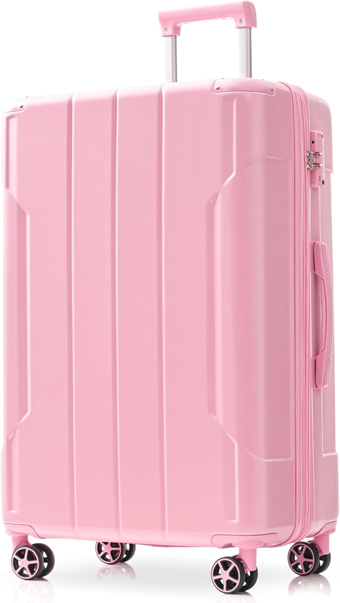 Merax 28 Inch Checked Luggage, Lightweight & Expandable Hardshell ABS Suitcase with Spinner Wheels, TSA Lock, Corner Guards (Pale Pink)