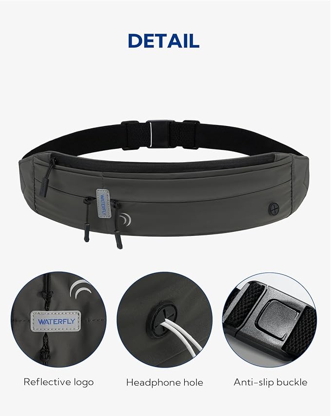 WATERFLY Running Belt Fanny Pack: Runner Marathon Jogging Waist Pack Sport Workout Exercise Fitness Phone Holder Belt for Men Women Jogger Slim Waistband Black