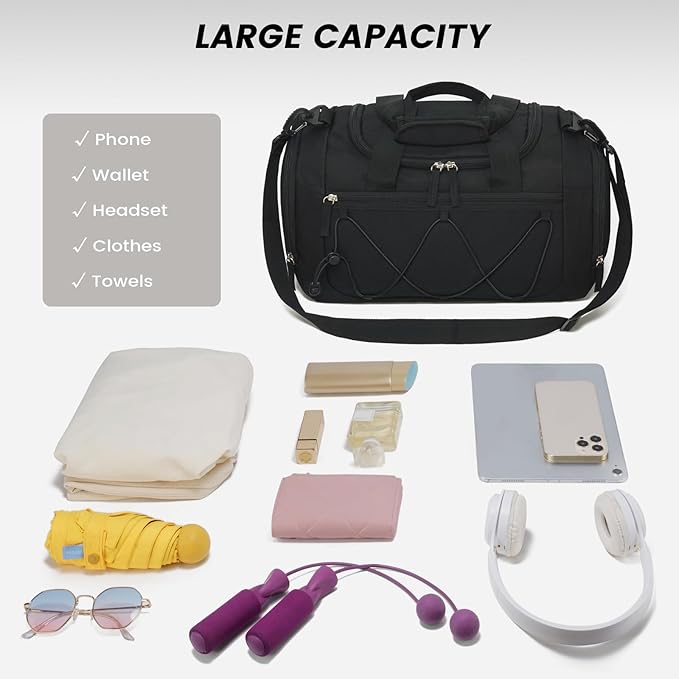 Vorspack Gym Bag for Women - 15 Inches Small Duffle Bag for Travel Lightweight Duffel Bag Personal Item Travel Bag Weekender Bag for Travel Sports Gym - Black