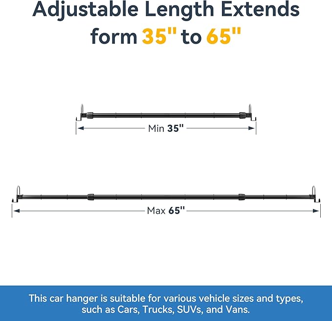 Adjustable Car Clothes Hanger Bar 35-60 Inches – Heavy Duty Travel Garment Organizer, Anti-Wrinkle, Non-Slip Rubber Bands, Fits Cars, SUVs, Vans and Trucks