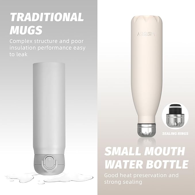 WATERSY Stainless Steel water bottles,17oz/500ml Insulated Water Bottles,Ivory Beige metal water bottle Keeps Drink Cold and Hot,BPA Free kids water bottles for School,Gym,Travel,Sports
