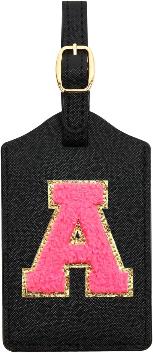 Initial Luggage Tag, PU Leather Luggage Tag, Embroidered Luggage Tag, Letter Luggage Tag, Monogrammed Luggage Tag, Luggage Tag for Baggage Bag Suitcase (A, Black Leather+Rose Red Letter)