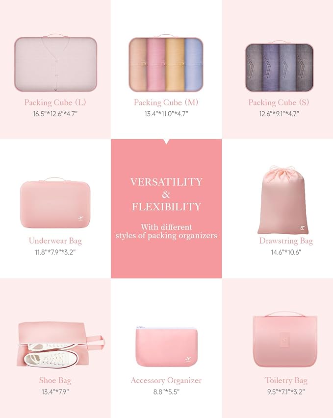 HOTOR Packing Cubes for Suitcases - 8 Pieces, Light Packing Cubes for Travel, Premium Suitcase Organizer Bags Set, Space-Saving Luggage Organizers, Travel Accessories and Essentials, Pink