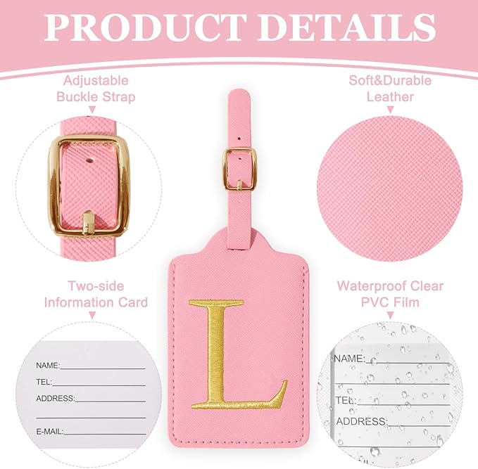 Personalized Initial Luggage Tags for Suitcases,Leather Letter Cute Luggage Tags with Privacy Name Card,Embroidered Monogrammed Travel Bag Backpack Tag Gifts for Women Kids Girls Teens(Pink-L)