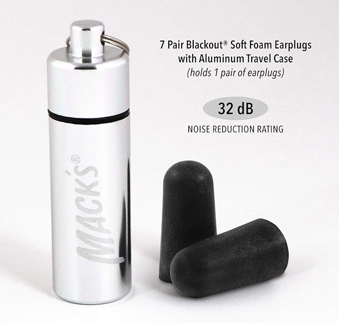 Mack's Blackout Soft Foam Earplugs, 7 Pair with Travel Case - 32 dB Highest NRR, Comfortable Ear Plugs for Concerts, Jam Sessions, Nightclubs, Loud Events and Shooting Sports