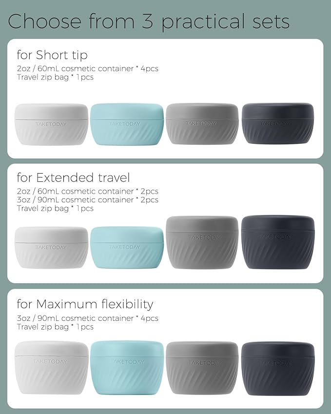TakeToday Travel Containers for Toiletries, Leak-proof, TSA Approved, Refillable Silicone Cream Jars with Lid Travel Size Essential for Cosmetic toiletry Cream, 3oz, 4 Pack (Grey)