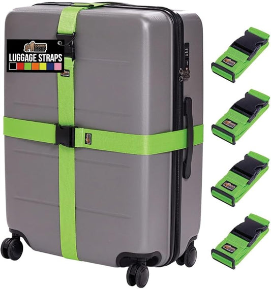 GORILLA GRIP Heavy Duty 4 Pack Adjustable Luggage Straps for Suitcases, Easy to Identify Travel Belt Connector Holds Suitcase Together, Extends Life of Bag, Strap Connects Two Bags, Accessories Green