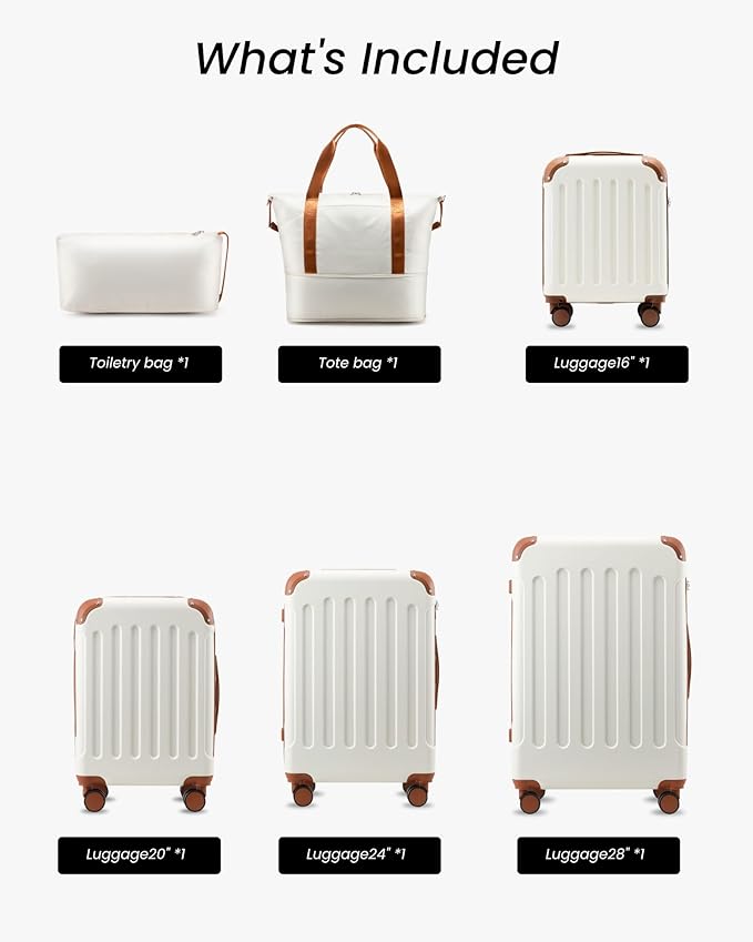 Luggage Sets 6 Piece, Hardside Suitcase with Wheels, TSA Approved,Tote Bag, White Brown