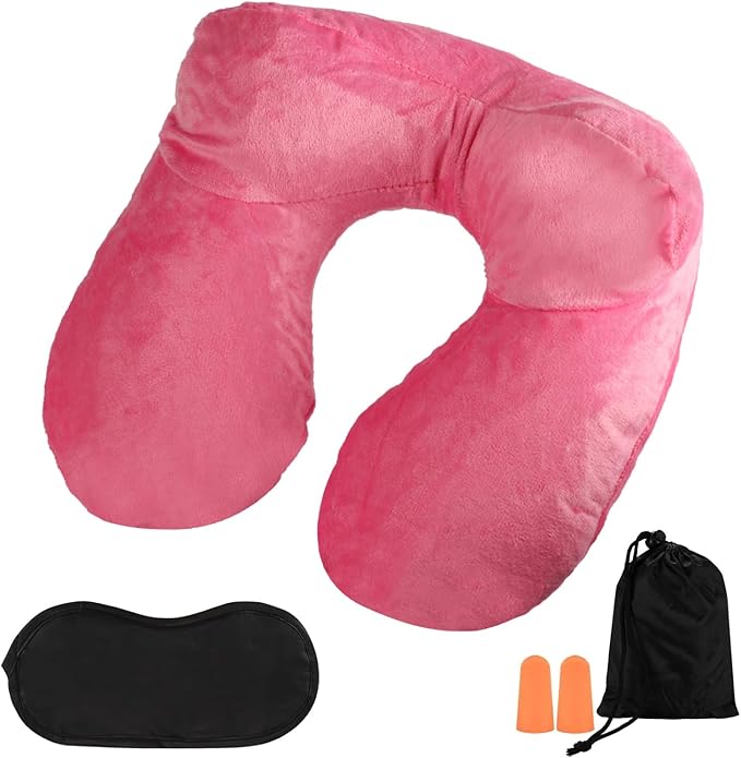 Air-Filled Travel Pillows for Sleeping Airplane Neck Support for Traveling Pillow Inflatable Travel Neck Pillows for Air-Filled Neck Pillow Airplane, with Eye Masks, Earplugs
