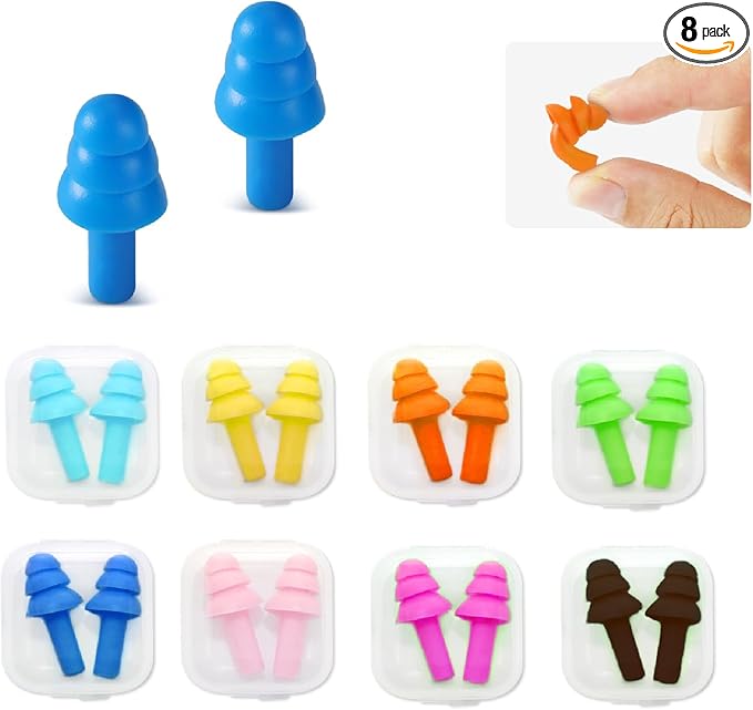 Silicone Earplugs for Swimming, Sleeping, Snoring, Work, Concerts - Noise Cancelling, Reusable Ear Protection, 8 Pairs