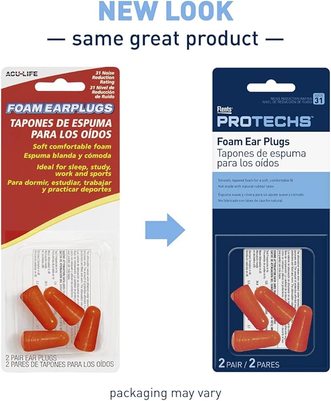 Flents Protechs Foam Ear Plugs for Sleeping, Snoring, Loud Noise, Concerts, Construction, Studying & Traveling, NRR 31, Made in the USA