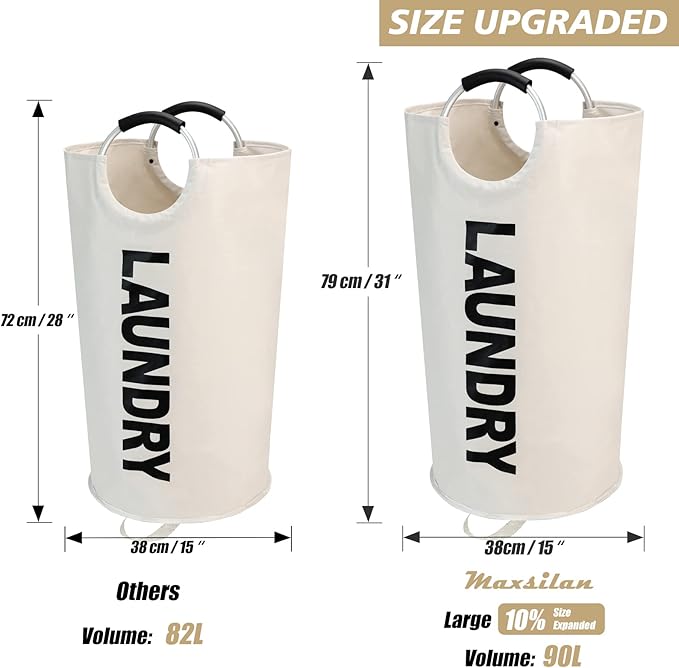 90L Large Laundry Basket, Freestanding Tall Clothes Hamper, Collapsible Laundry Bag, Beige
