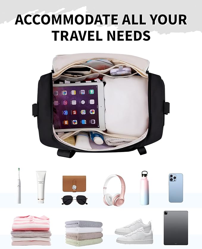 WANDF Travel Duffel Bag with Wet Pocket & Shoe Compartment, 18x14x8 Personal Item Bag with USB Charging Port, Water-Resistant Gym Weekender Overnight Carry-on for Women Men (Black)