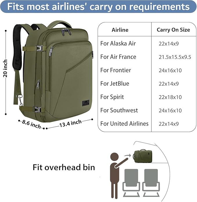 MATEIN Mens Backpack for Travel, Extra Large Expandable Carry on Backpack with Hideaway Shoulder Straps for Travelling, Water Resistant Heavy Duty Daypack, Gifts for Men Women, Dark Green