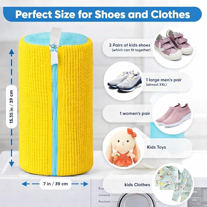 Shoe Washing Machine Bag – 2 Pack Laundry Shoe Bag for Washer and Dryer, Reusable Sneaker Washing Bag, 360° Deep Clean, Self-Locking Zipper, Fits All Shoe Types – Yellow
