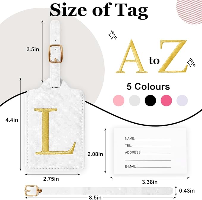 Personalized Initial Luggage Tags for Suitcases,Leather Letter Cute Luggage Tags with Privacy Name Card,Embroidered Monogrammed Travel Bag Backpack Tag Gifts for Women Kids Girls Teens(White-L)