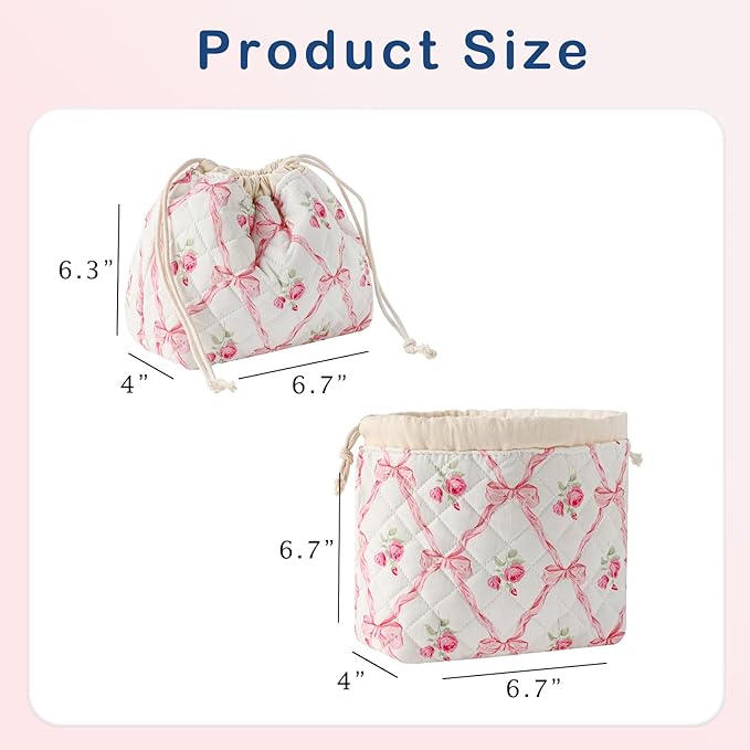 uekeboag Cotton Quilted Drawstring Makeup Bag with Canvas Lining,Coquette Aesthetic Cute Travel Toiletry Bag,Drawstring Gift Bag for Women and Girls（03Pink Bows）