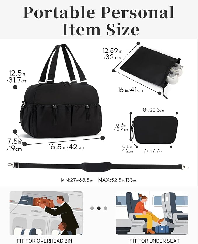 Carry On Duffle Bag with 15.6 Inch Laptop Compartment, Gym Bag for Women with Wet Pocket, Shoe Bag and Toiletry Pouch, Personal Item Travel Duffel Weekender Overnight Bags, Black