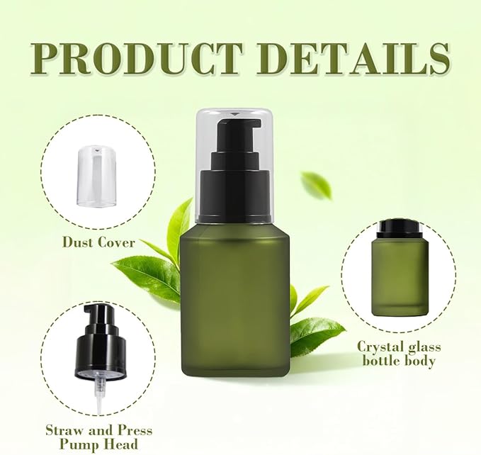 1PCS 60ML/2OZ Empty Refillable Green Frosted Glass Bottles with Pump Vial Cosmetic Dispenser Jars Storage Container Portable Travel Bottle Sample Trial Packing