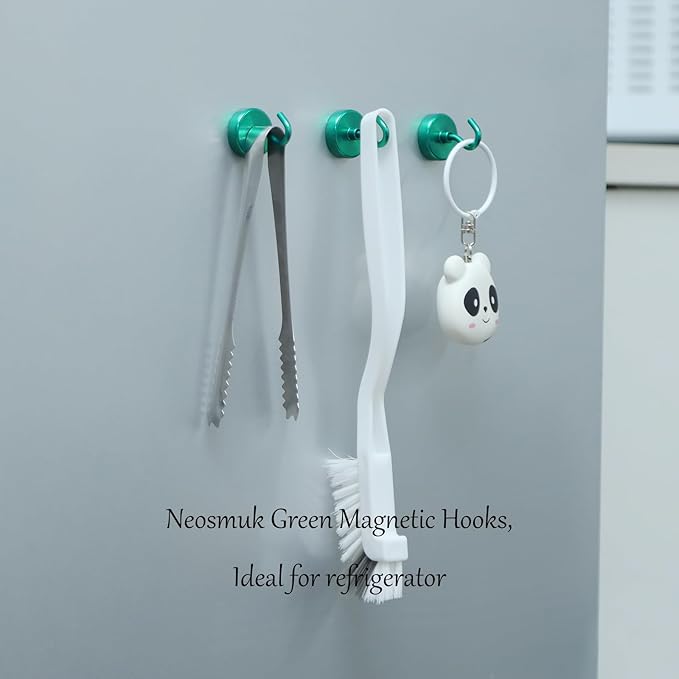 Neosmuk Magnetic Hooks,85lb Heavy Duty Earth Magnets with Hook for Refrigerator, Extra Strong Cruise Hook for Hanging, Magnetic Hanger for Curtain, Grill(Green, 6 Pack)