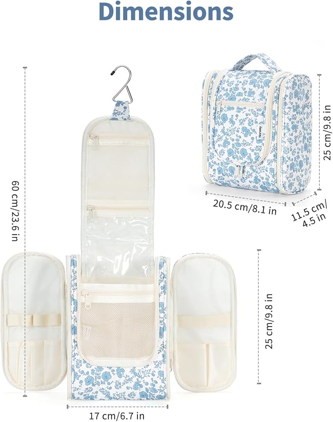Narwey Hanging Toiletry Bag Women Travel Makeup Bag Organizer Toiletries Bag for Travel Size Essentials Accessories Cosmetics (Medium,Blue Flower)