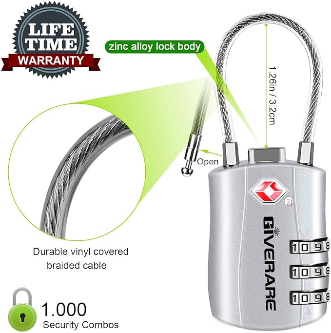 GIVERARE 2 Pack TSA Approved Luggage Locks, Combination Travel Cable Lock, Re-settable 3-Digit Padlocks with Alloy Body, Keyless TSA Padlock for Gym Locker, Golf Bag Case-Silver