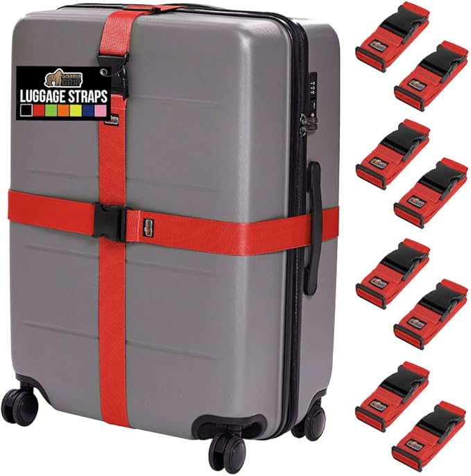 GORILLA GRIP Heavy Duty 8 Pack Adjustable Luggage Straps for Suitcases, Easy to Identify Travel Belt Connector Holds Suitcase Together, Extends Life of Bag, Strap Connects Two Bags, Accessories Red