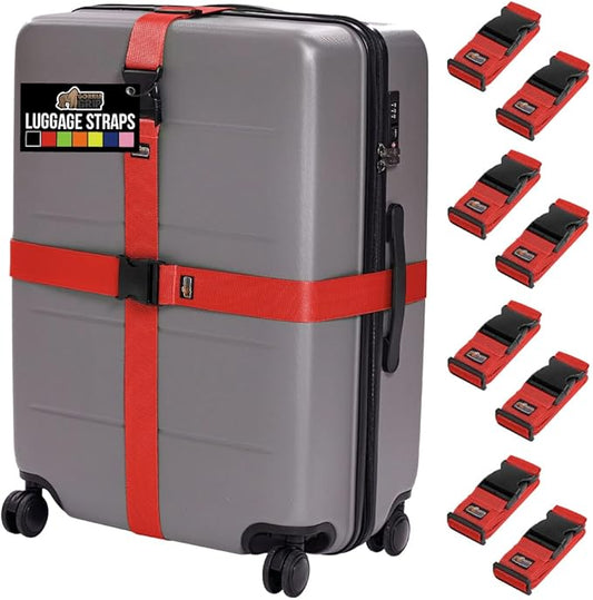GORILLA GRIP Heavy Duty 8 Pack Adjustable Luggage Straps for Suitcases, Easy to Identify Travel Belt Connector Holds Suitcase Together, Extends Life of Bag, Strap Connects Two Bags, Accessories Red