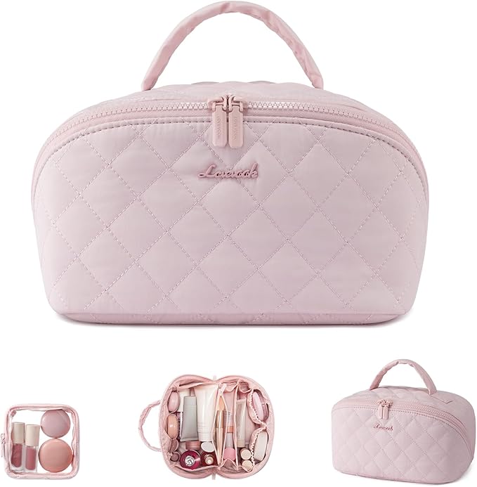 LOVEVOOK Travel Makeup Bag for Women, 2Pcs Puffer Waterproof Cosmetic Organizer, Large Capacity Pouch Open Flat Small Toiletry Bag with Brush Compartment & Handle (Pink, Large)