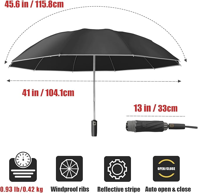 Fogkey Large Windproof Travel Umbrella, Portable Reverse Folding Car Umbrella, Compact Inverted Design with Waterproof Canopy, Automatic, 10 Durable Ribs, 45.6/13 Inch, Fits Backpack